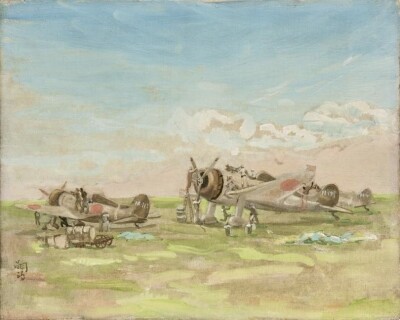 《九江 航空隊　整備》1940年　油彩・キャンバス